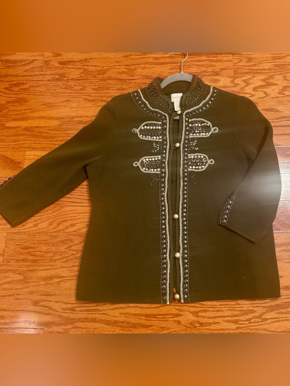 Chico’s Size 2 Petite Embellished Military Jacket Olive